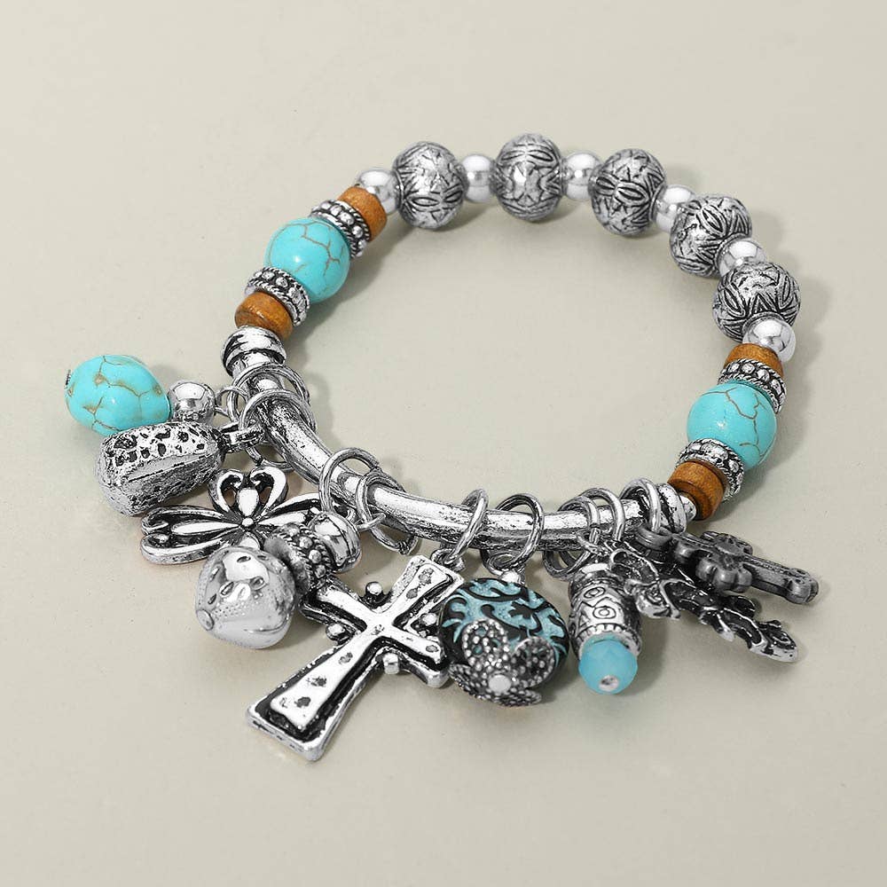 Boho Cross Decorative Beads Charm Beaded Stretch Bracelet: Three Tone