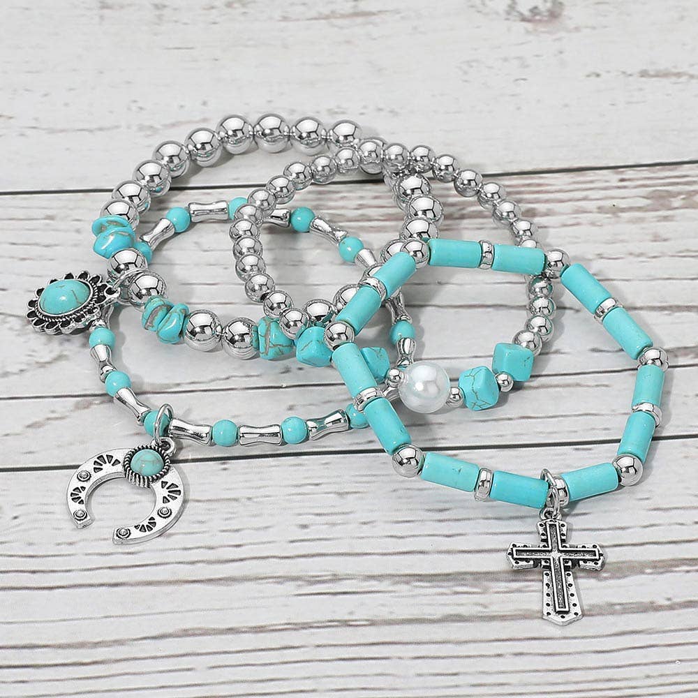 4PCS - Western Boho Cross Turquoise Stone Horseshoe Charm Pearl Beaded Stretch Multi Layered Bracelets