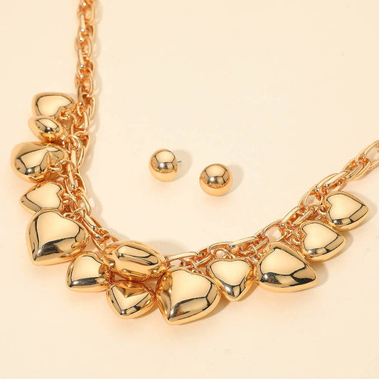 Chunky Puffy Brushed Metal Heart Charm Embellished Necklace: Gold