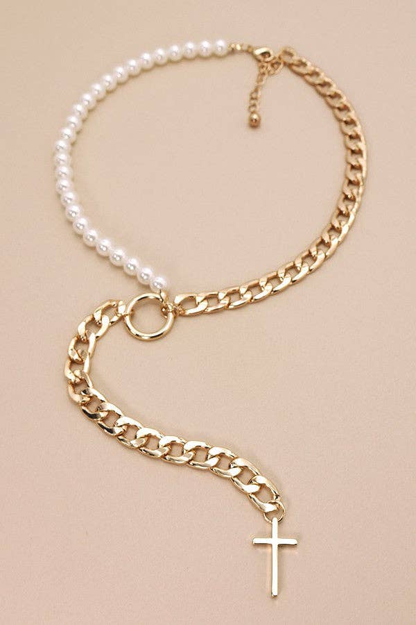 Y CROSS DROP HALF PEARL GOLD NECKLACE | 31N24010: GOLD