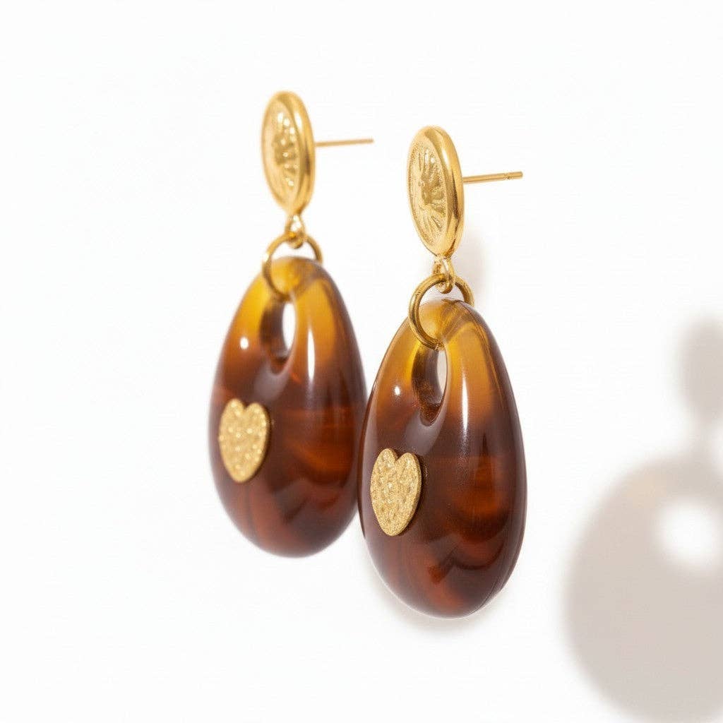18K Stainless Steel Amber Heart Resin Earrings LSSGE263