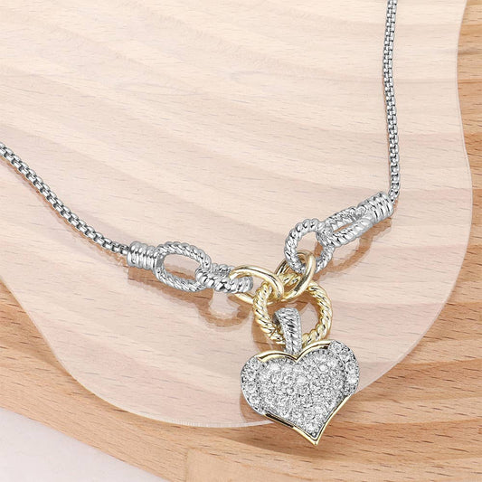 14K Gold Plated Two Tone CZ Stone Paved Heart Necklace