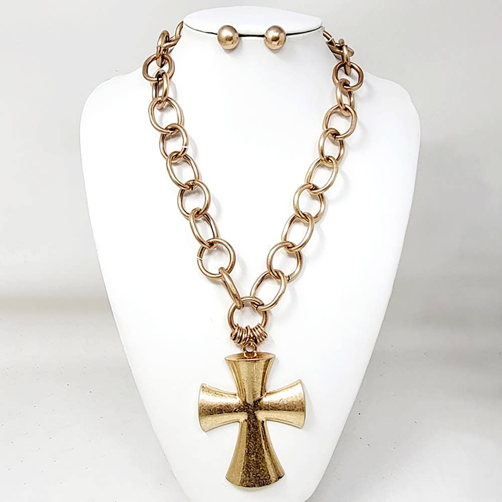 Chunky Matte Metal Cross Pendant Pointed Chain Necklace: Gold