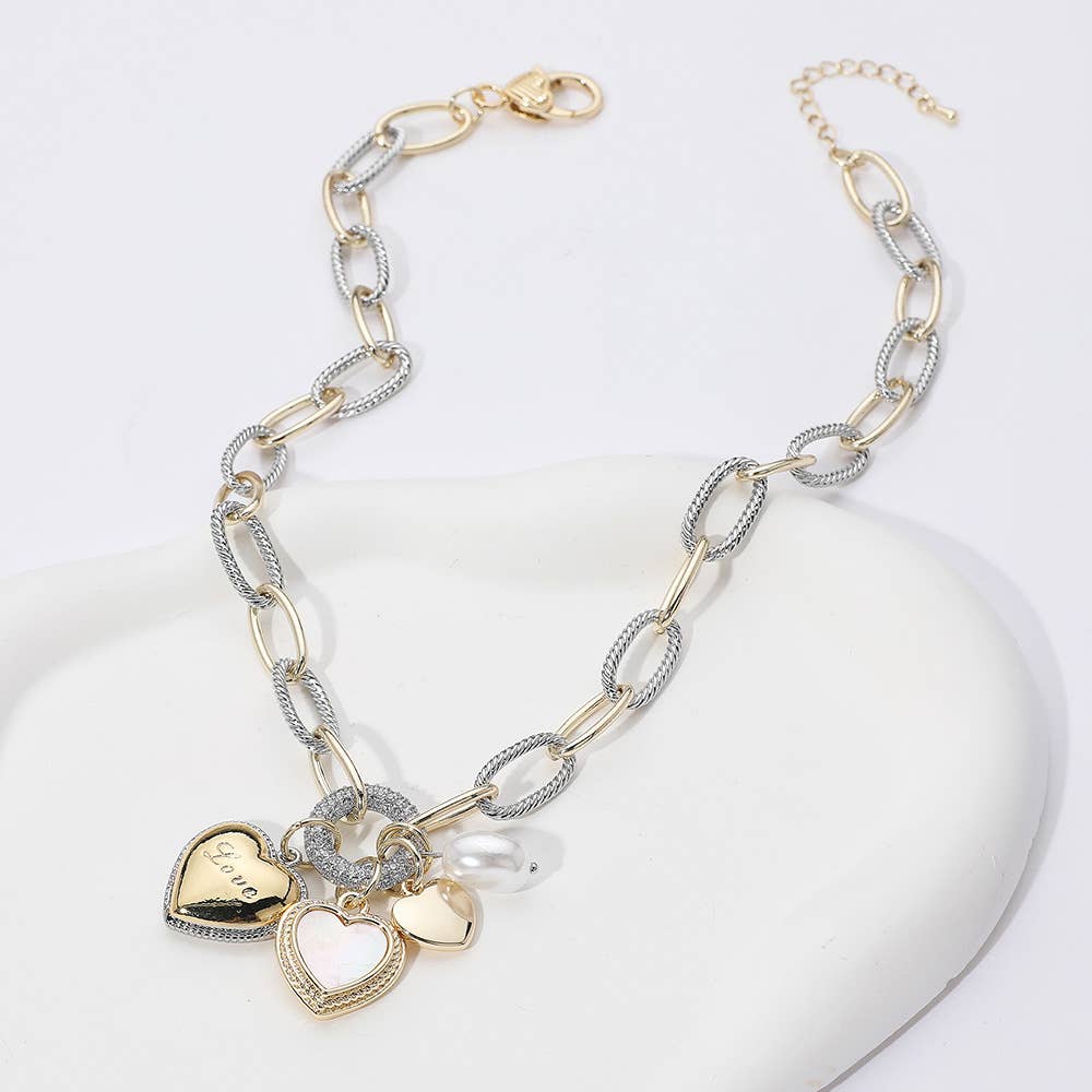 Two Tone 14K Gold Plated CZ LOVE Engraved Pendant Necklace