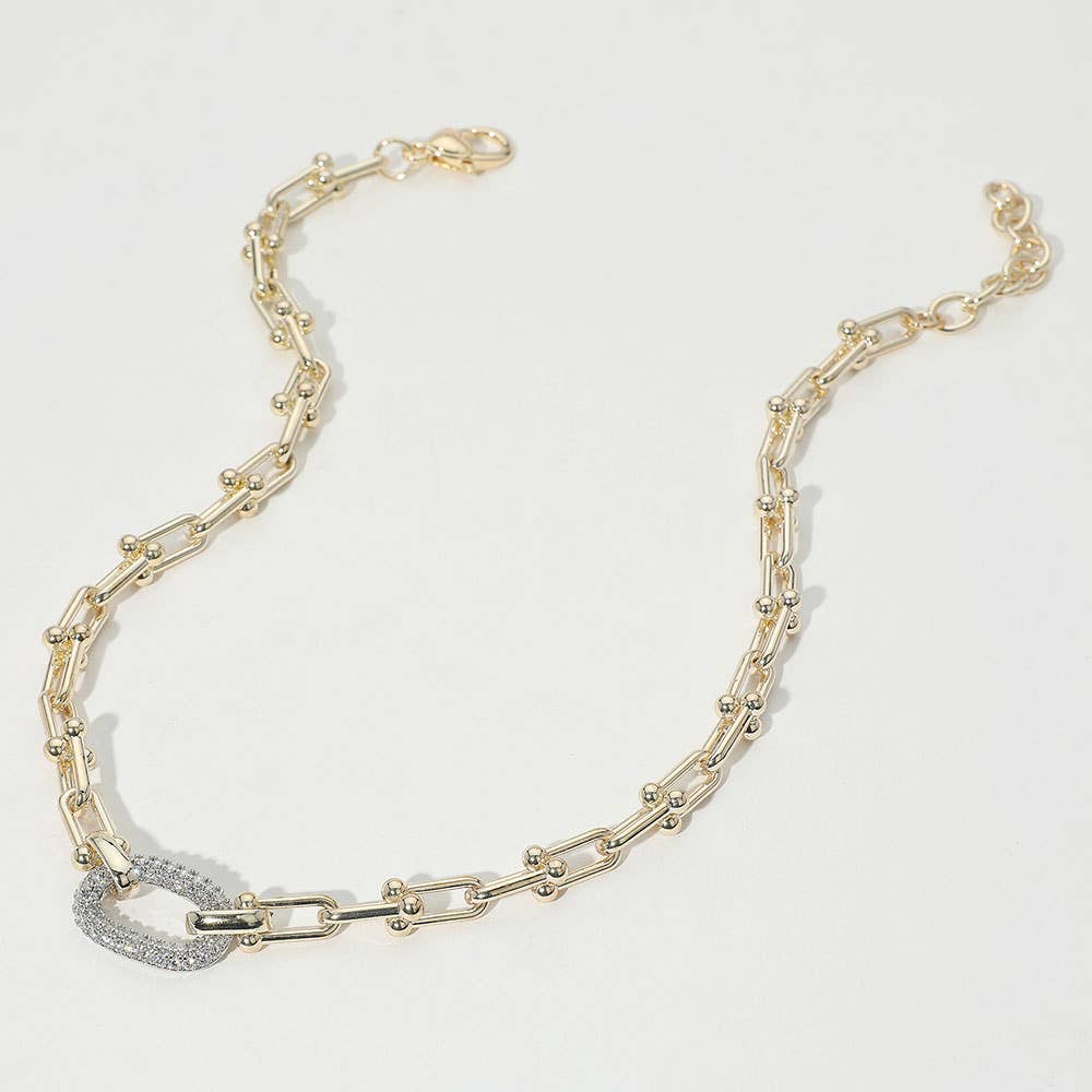 14K Gold Plated CZ Stone Paved Oval Accent Chunky Industrial Chain Necklace