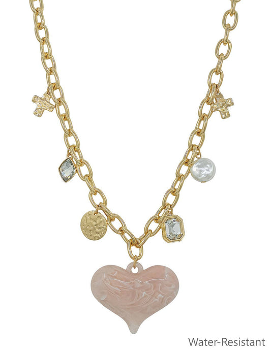 Water resistant Gold Chain with Charms and Chunky Pink Resin Heart 16"-18" Necklace water resistant