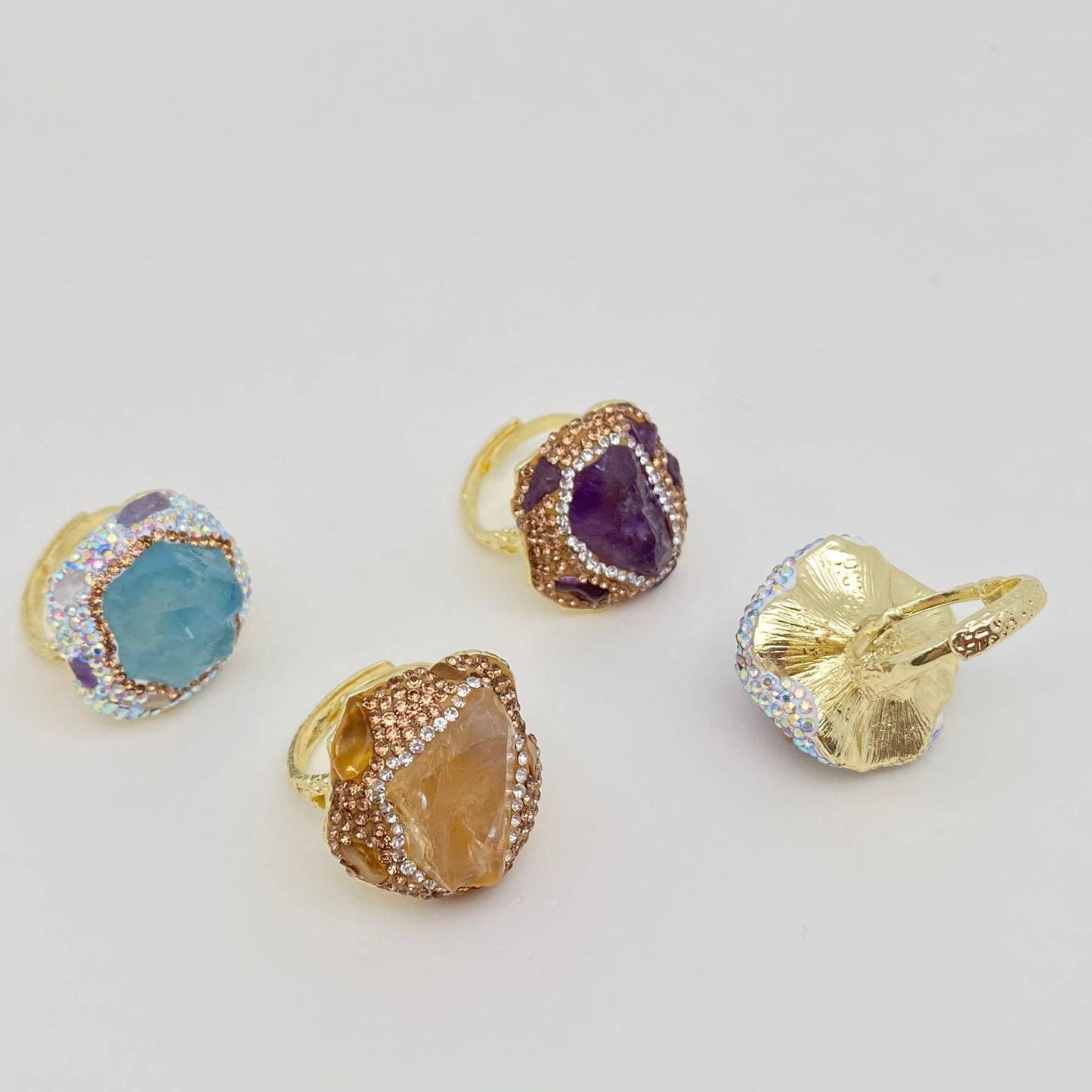 Irregular Crystal Adjustable Ring Inlaid with Rhinestones-CS: Citrine