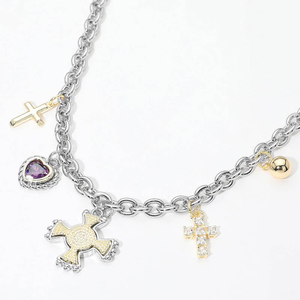 14K Gold Plated CZ Heart Cross Charm Station Necklace