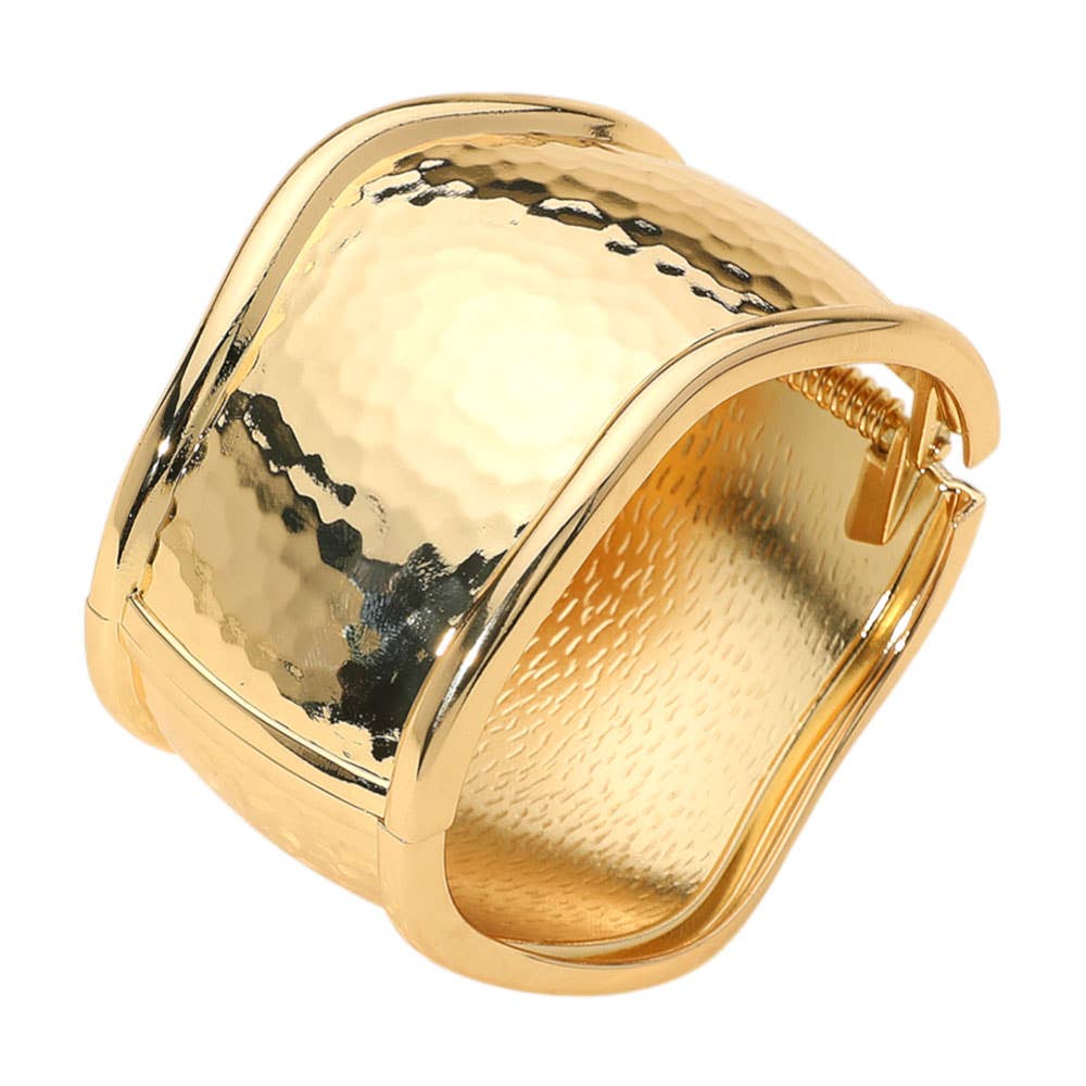 Wide Textured Metal Hinged Bangle Bracelet: Gold