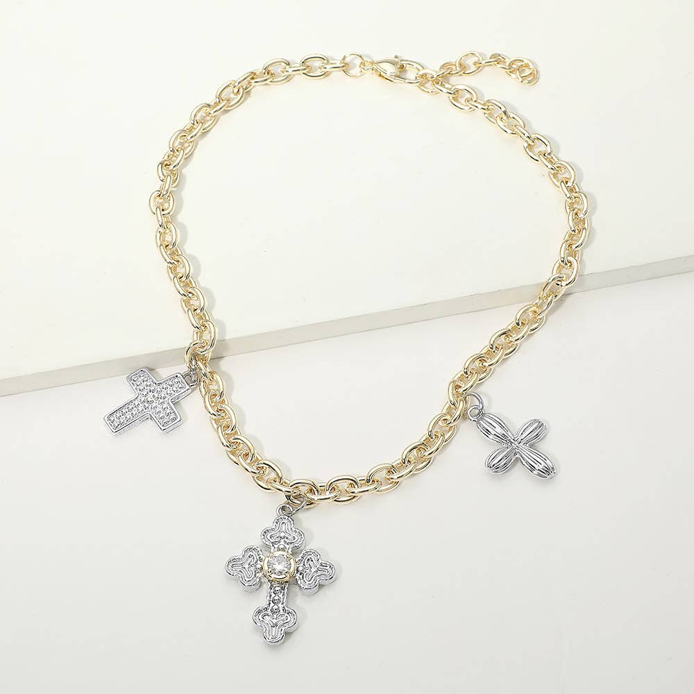14K Gold Plated Two Tone CZ Pave Cross Charm Station Necklace