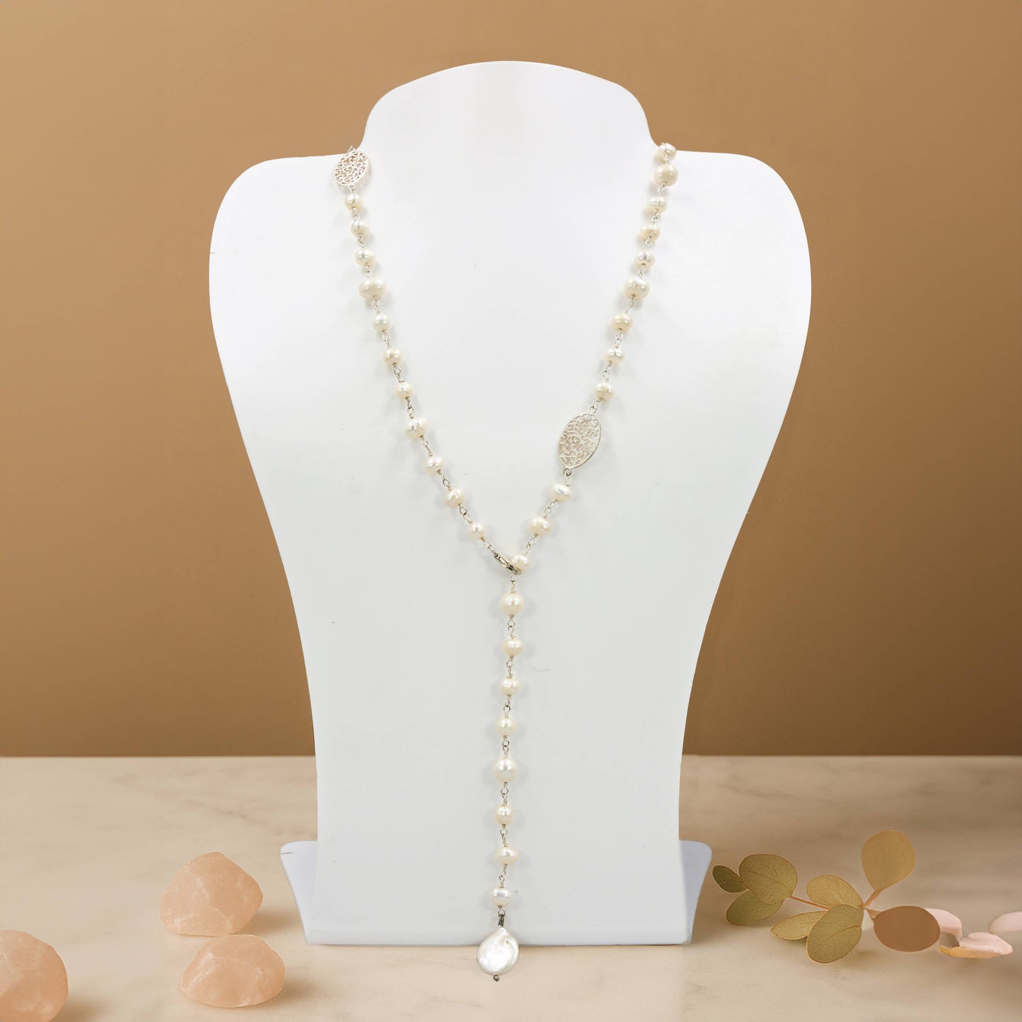 16C126 - Cultured Pearl Sterling Filigree Lariat Necklace