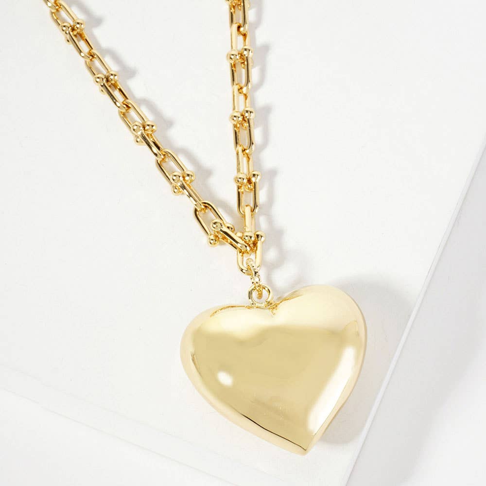 Gold Dipped Bold Puffy Heart Pendant Industrial Chain Necklace: Gold