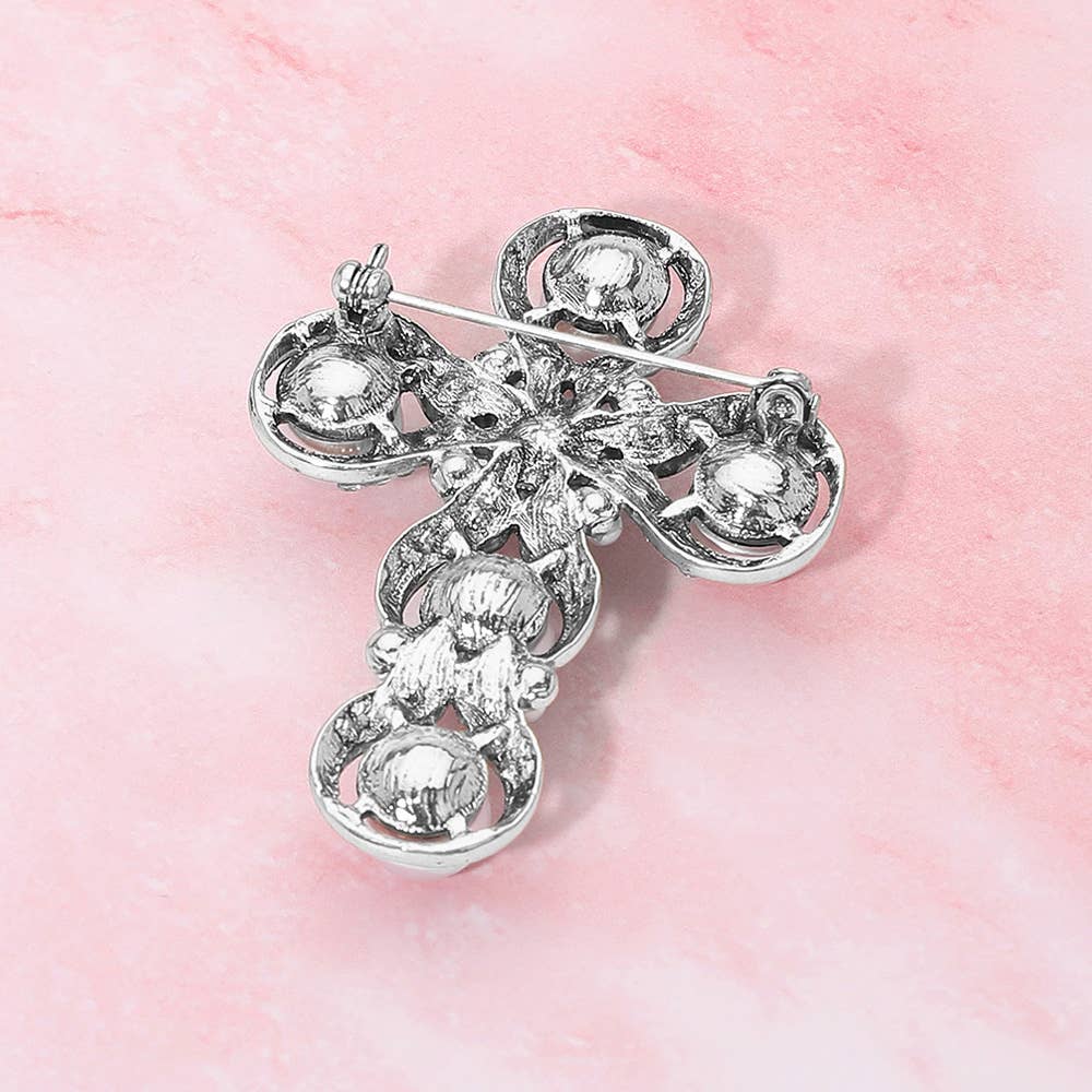 Rhinestone Paved Pearl Antique Cross Pin Brooch: Antique Silver,White