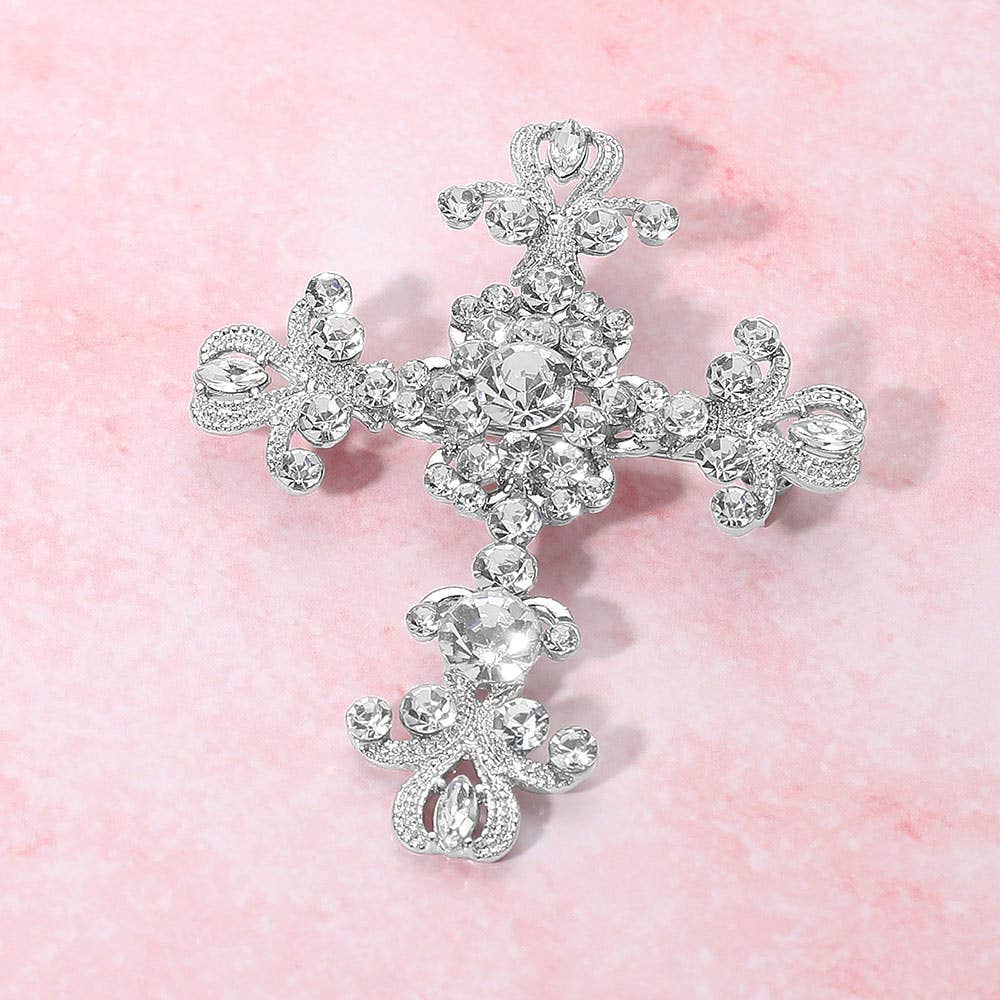 Elegant Stone Embellished Cross Pin Brooch: Clear,Silver