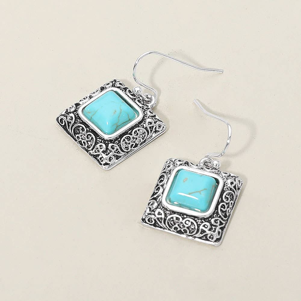 Antique Metal Scrollwork Frame Square Tile Drop Dangle Earrings: Antique Silver Black