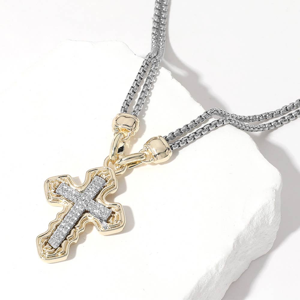 14K Gold Plated CZ Cross Pendant Double Chain Necklace
