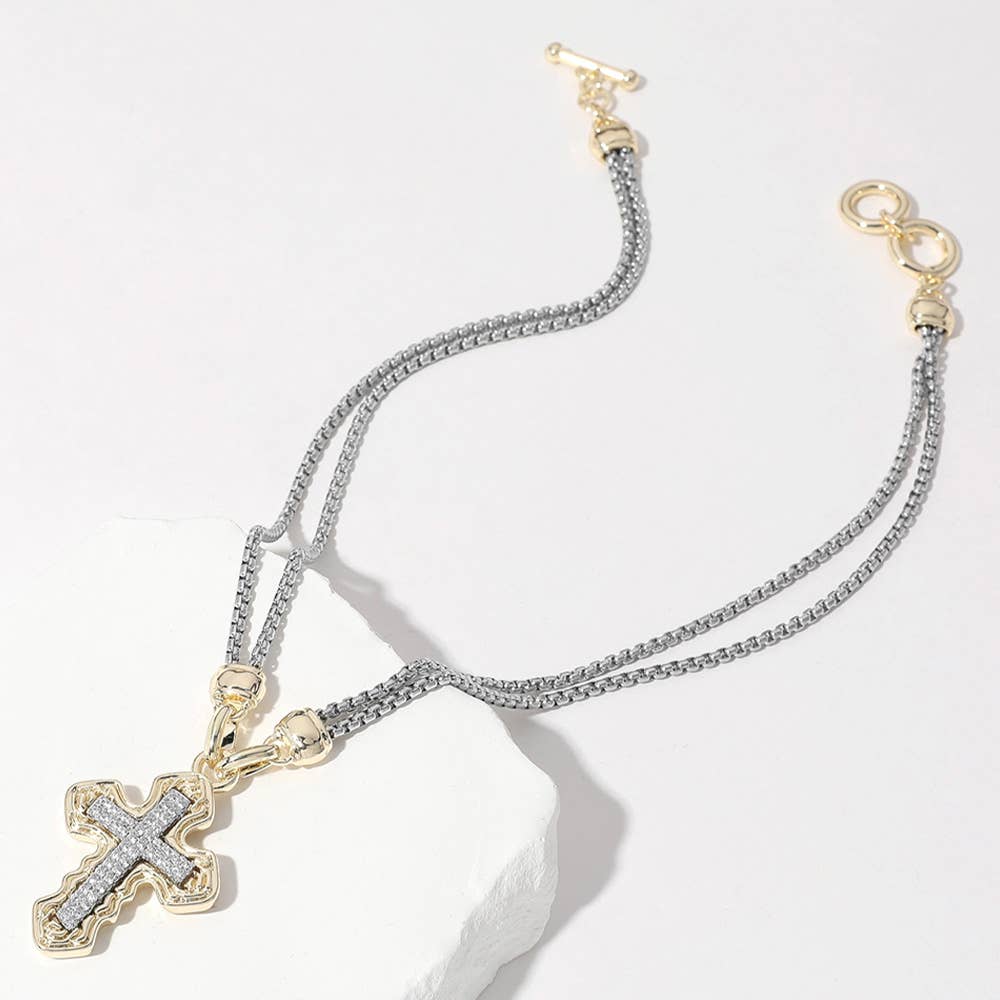 14K Gold Plated CZ Cross Pendant Double Chain Necklace