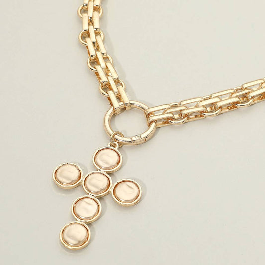 Pearl Cross Charm Pendant Chunky Chain Statement Necklace: Gold, Brown, Pearl