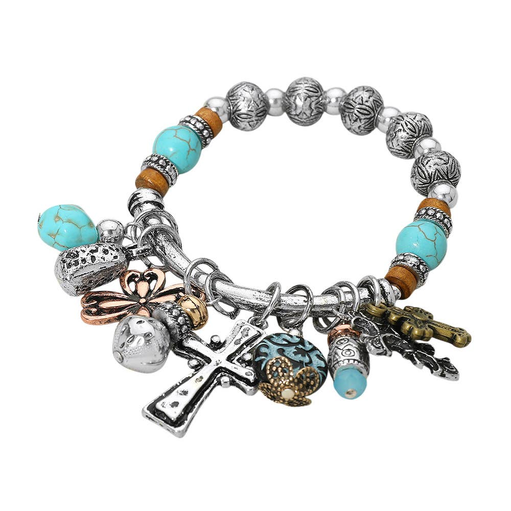 Boho Cross Decorative Beads Charm Beaded Stretch Bracelet: Three Tone