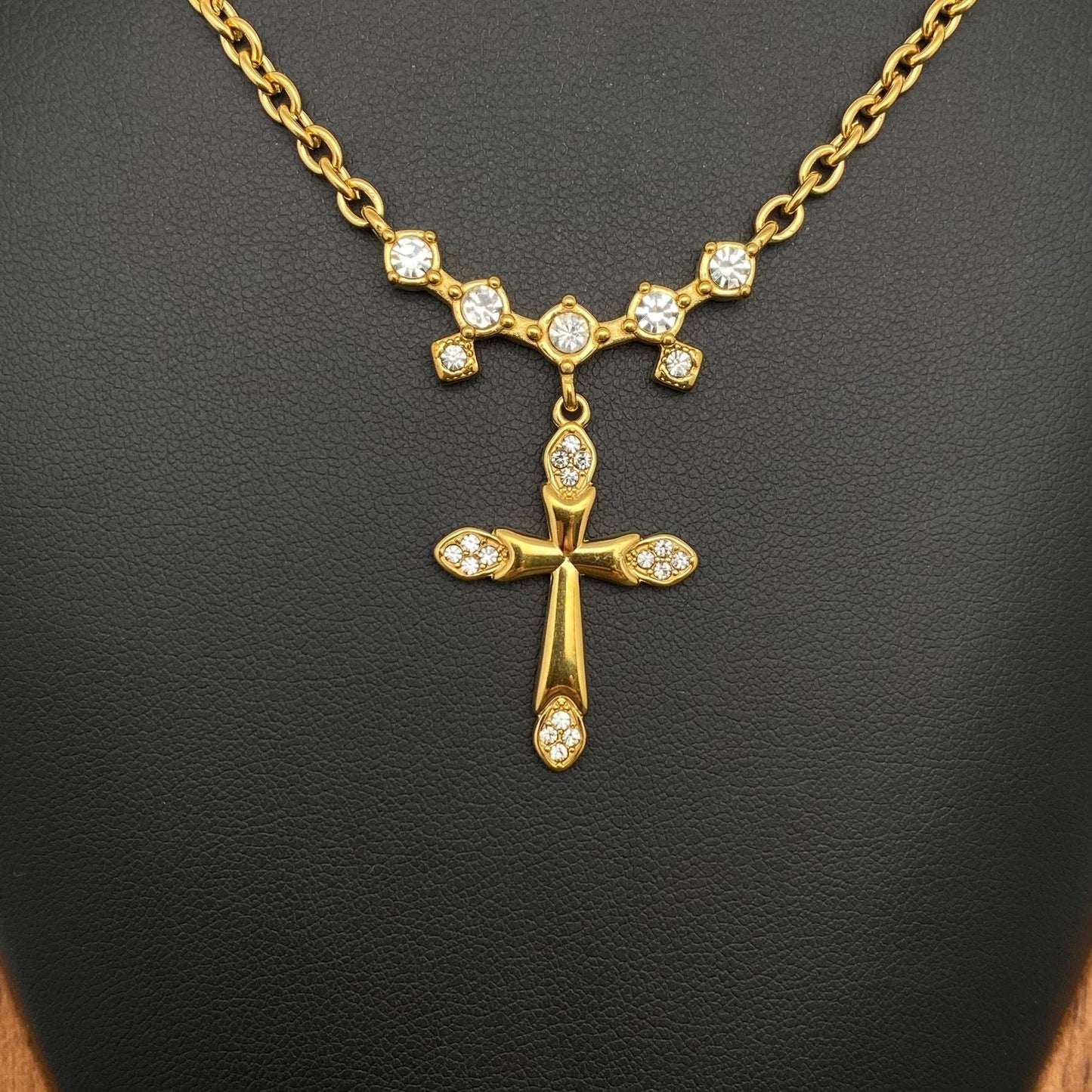 Zircon inlaid Cross charm 18K Gold Plated SS Necklace - FGS