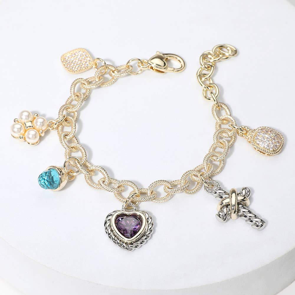 14K Gold Plated CZ Heart Stone Pearl Cluster Metal Bracelet: Gold