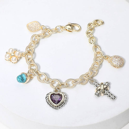 14K Gold Plated CZ Heart Stone Pearl Cluster Metal Bracelet: Gold