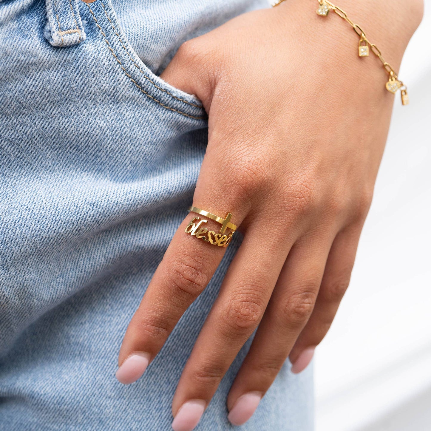 18K Gold PVD Adjustable "Blessed" Ring: Gold / 6