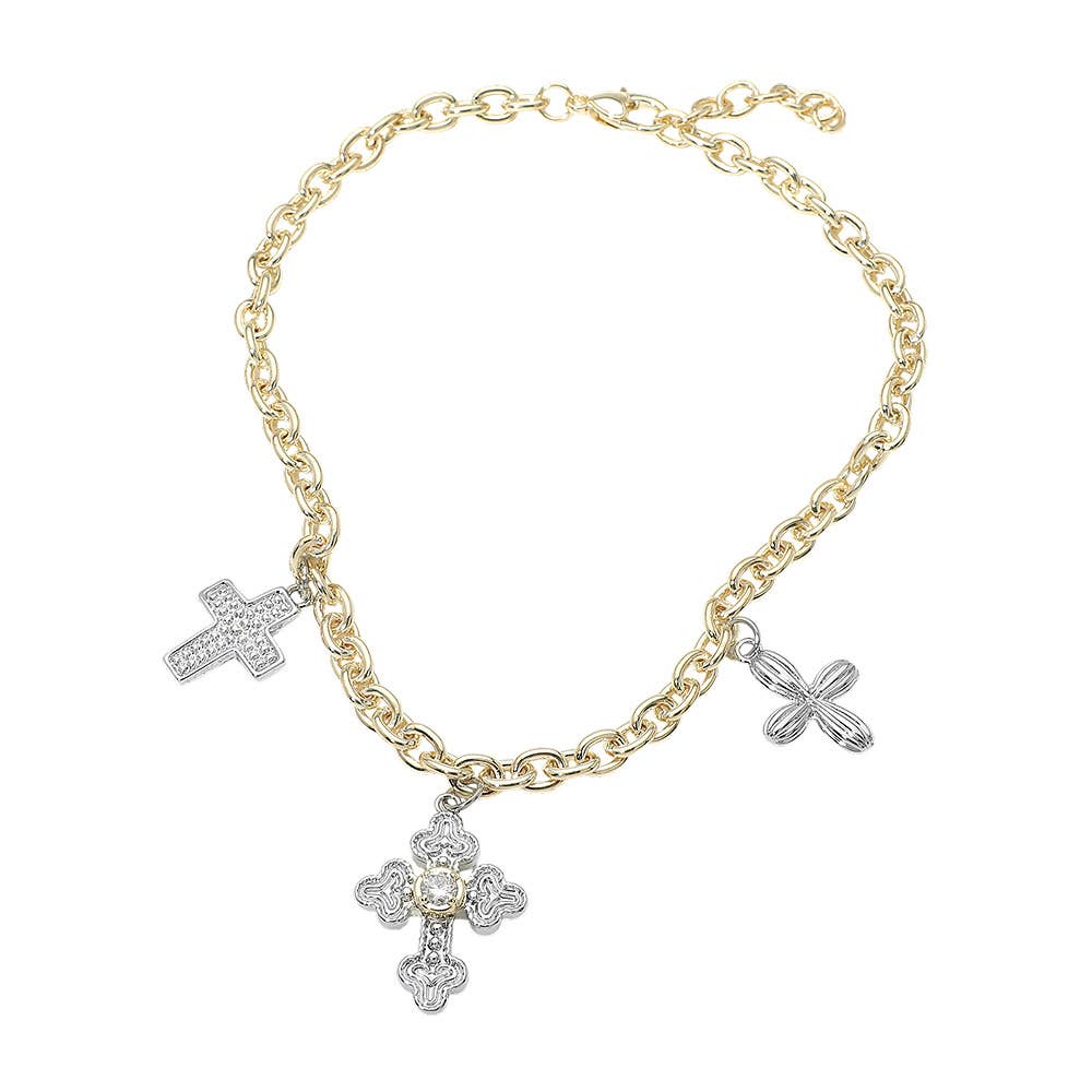 14K Gold Plated Two Tone CZ Pave Cross Charm Station Necklace