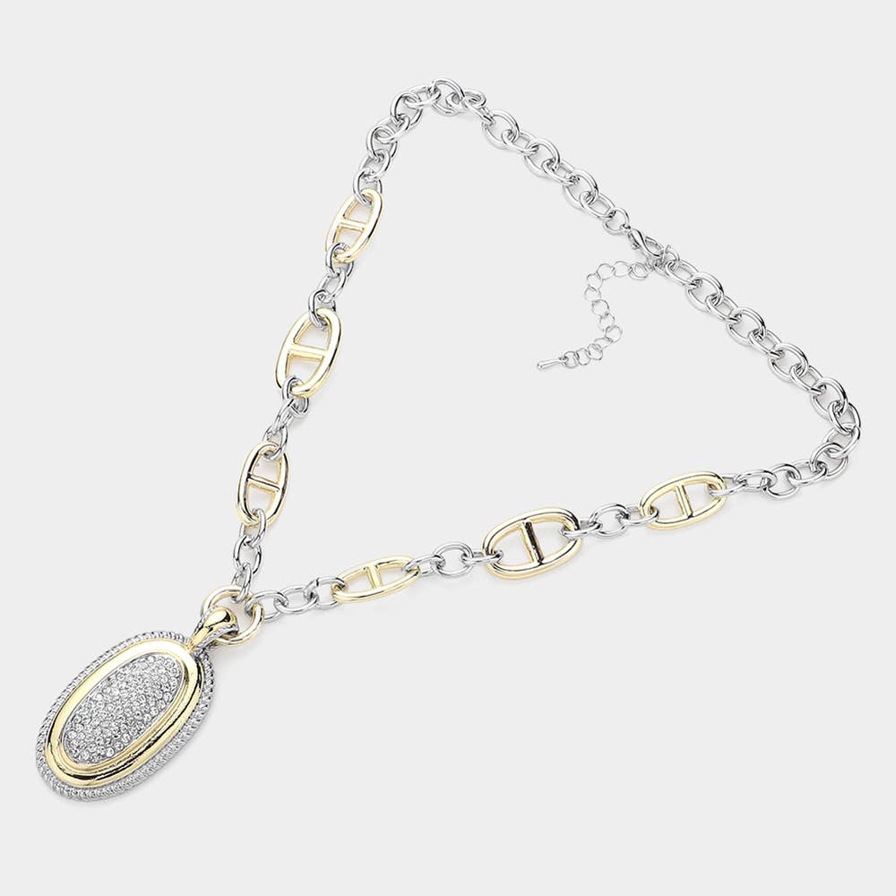 14K Gold Plated Stone Paved Oval Pendant Two Tone Necklace