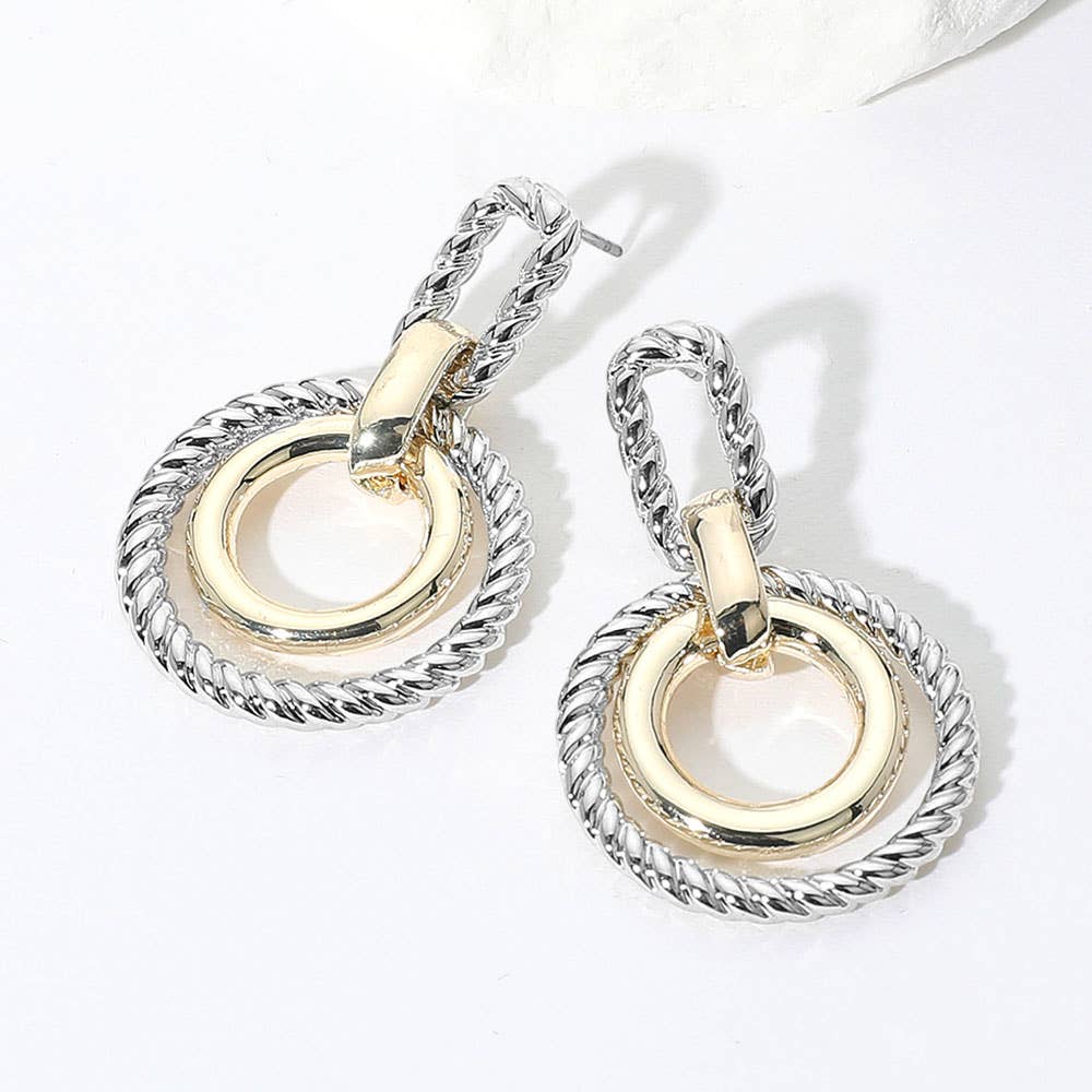 14K Gold Plated Two Tone Textured Geometric Double Hoop Drop Earrings