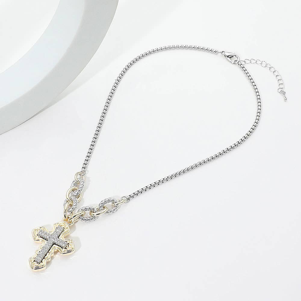 14K Gold Plated Two Tone CZ Pave Cross Pendant Necklace