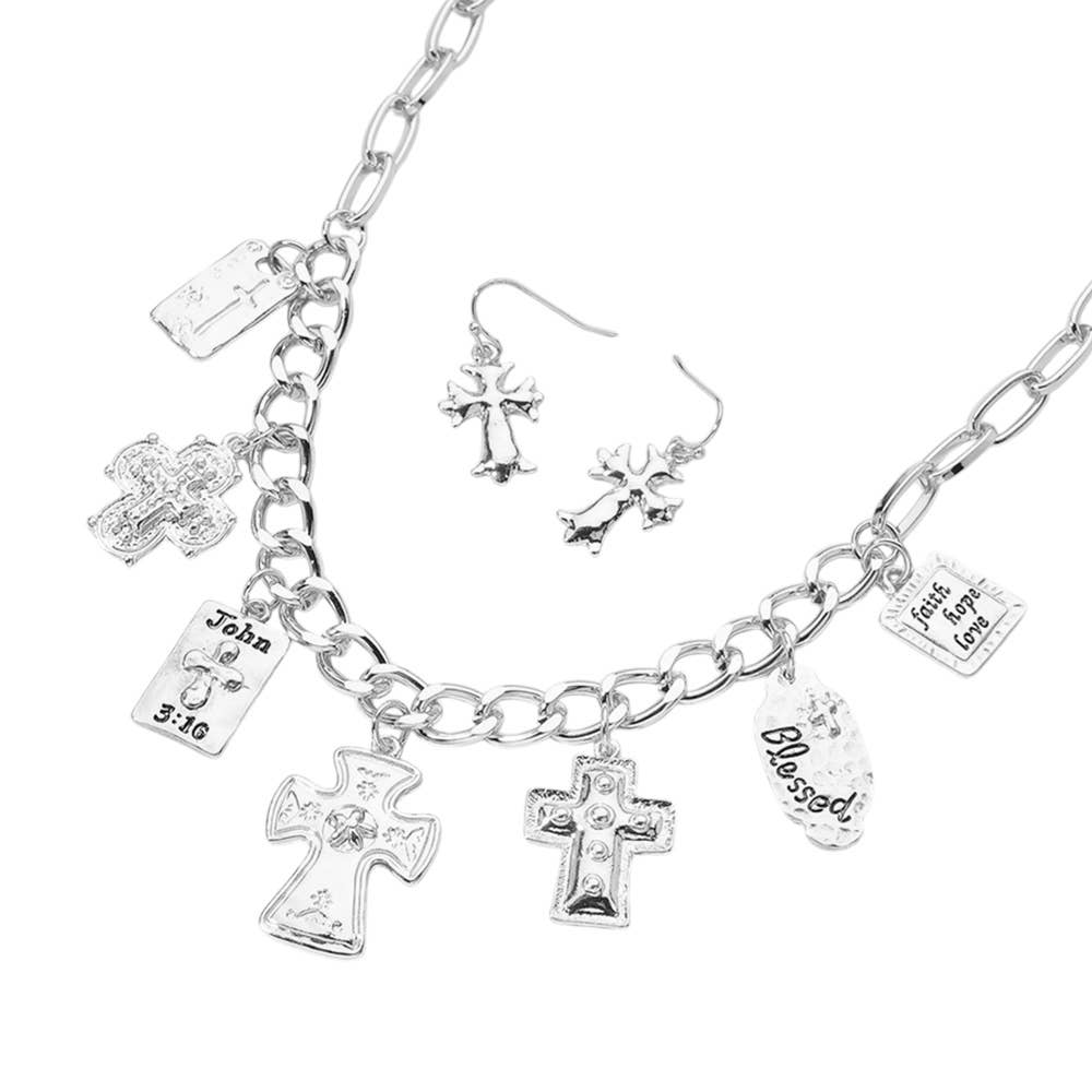 Metal Cross Bible Charm Station Chunky Chain Necklace: Gold or Silver