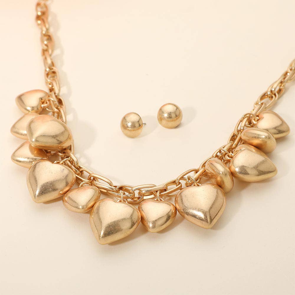 Chunky Puffy Brushed Metal Heart Charm Embellished Necklace: Gold