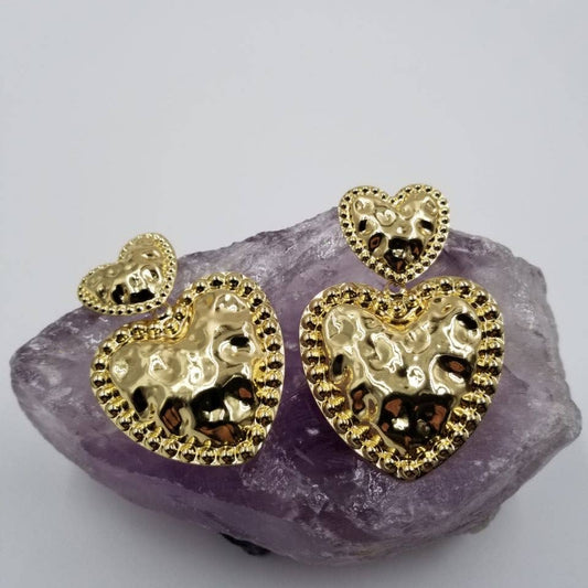 Hammered Gold Double Heart Earrings