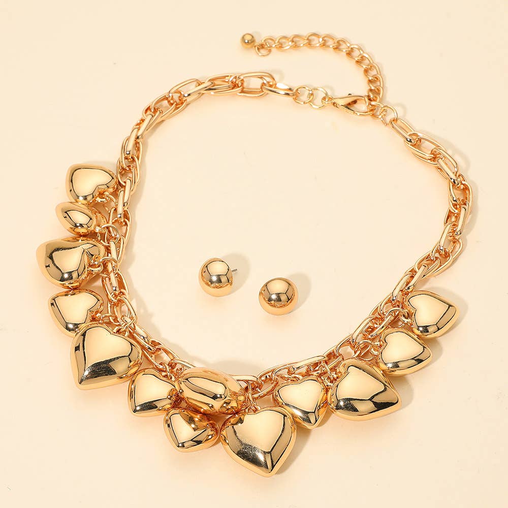 Chunky Puffy Brushed Metal Heart Charm Embellished Necklace: Gold