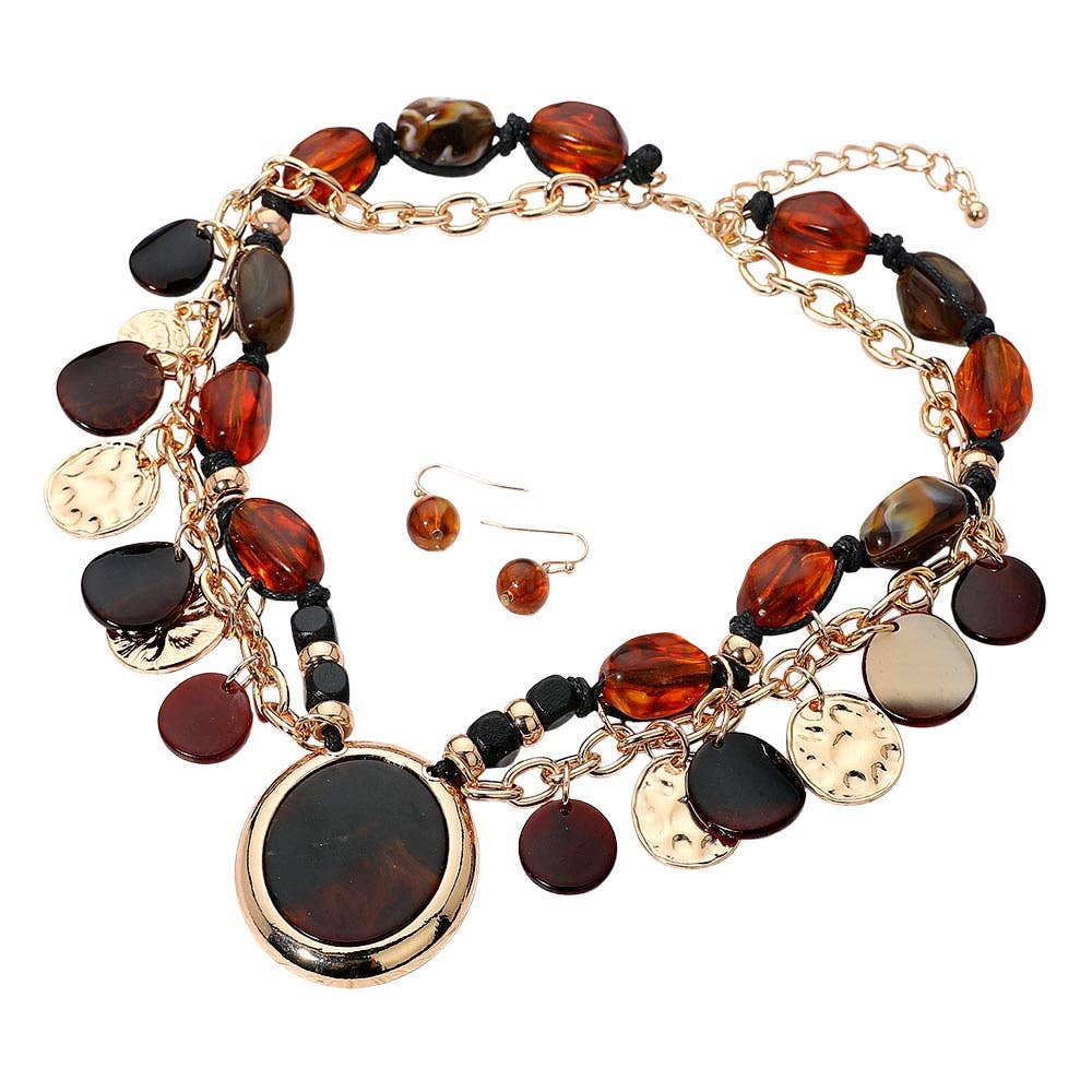 Bold Patterned Resin Oval Pendant Accent Layered Charm Station Pebble Beaded Statement Necklace: Gold,Leopard