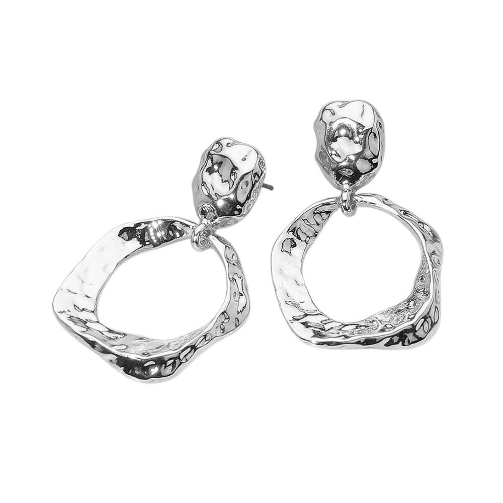 Molten Textured Metal Organic Hoop Dangle Earrings: Rhodium