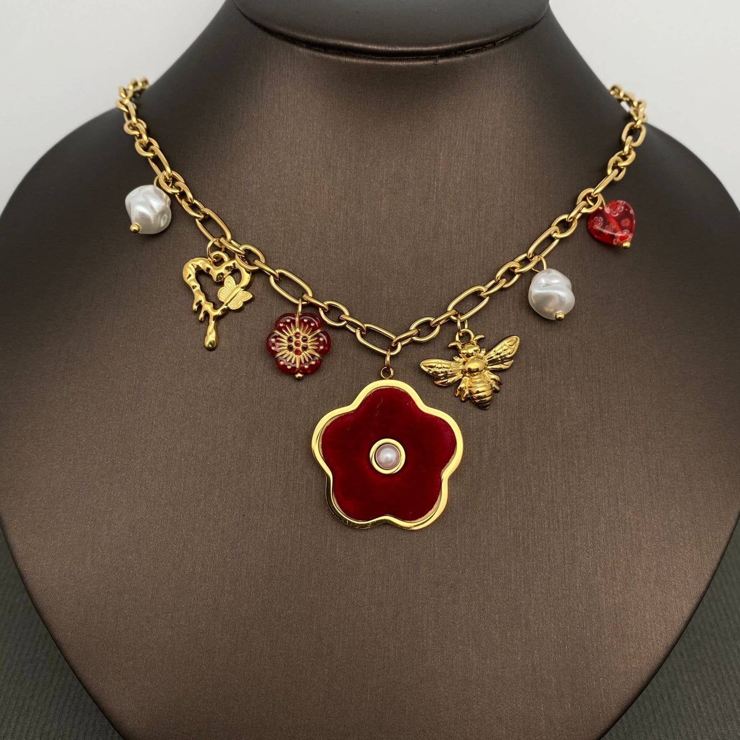 Red Flower Bee 18K Gold Plated S.Steel Charm Necklace - FGS