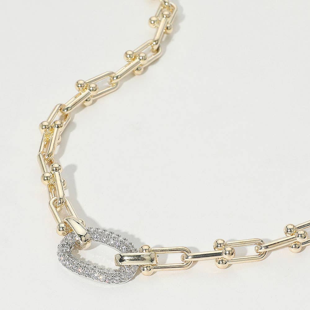 14K Gold Plated CZ Stone Paved Oval Accent Chunky Industrial Chain Necklace