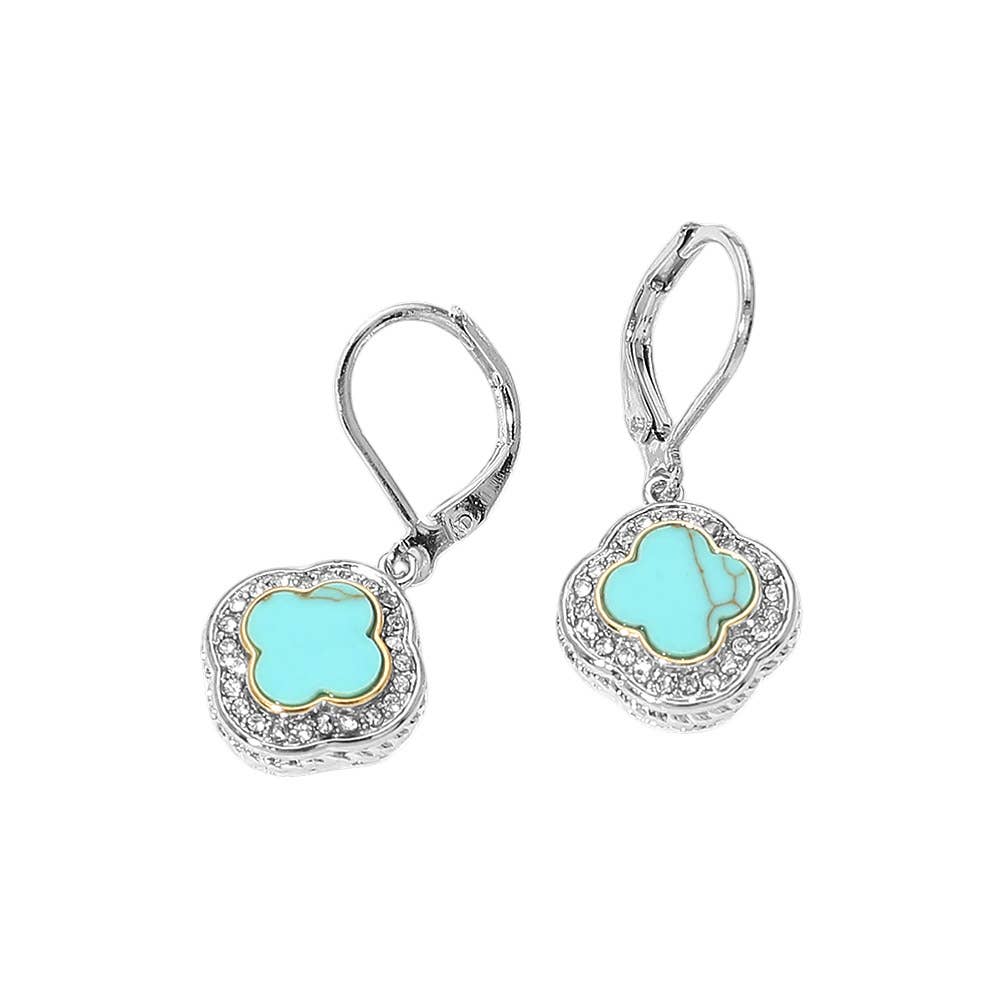 14K Gold Plated CZ Pave Rim Quatrefoil Charm Drop Earrings: Turquoise