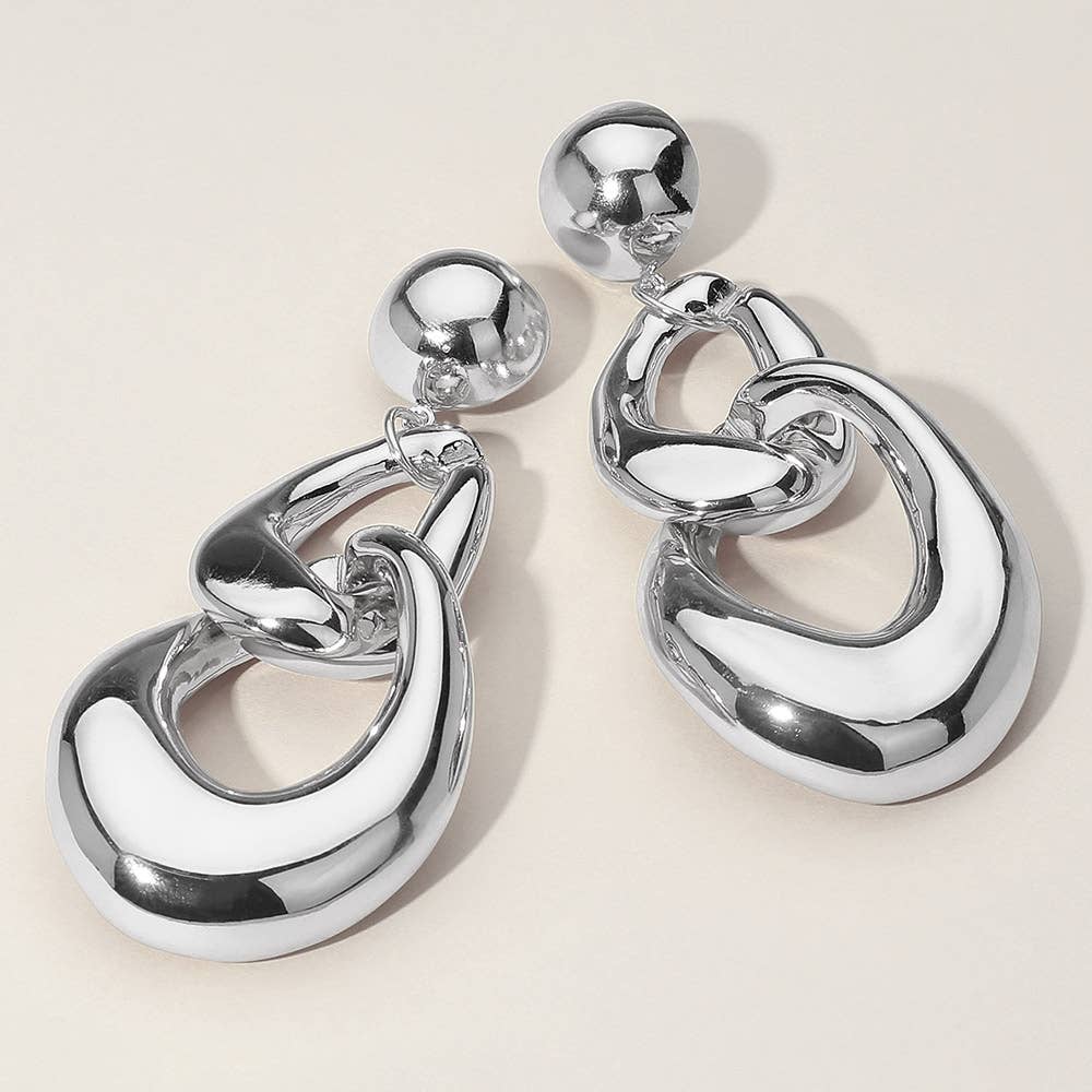 Oversized Puffy Metal Chain Link Drop Earrings: Rhodium