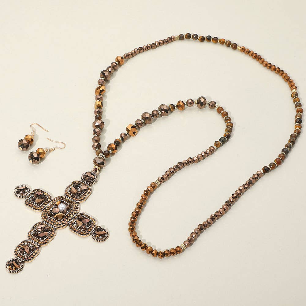 Stone Pearl Embellished Cluster Cross Pendant Faceted Beaded Long Necklace: Blue, Brown, Turquoise