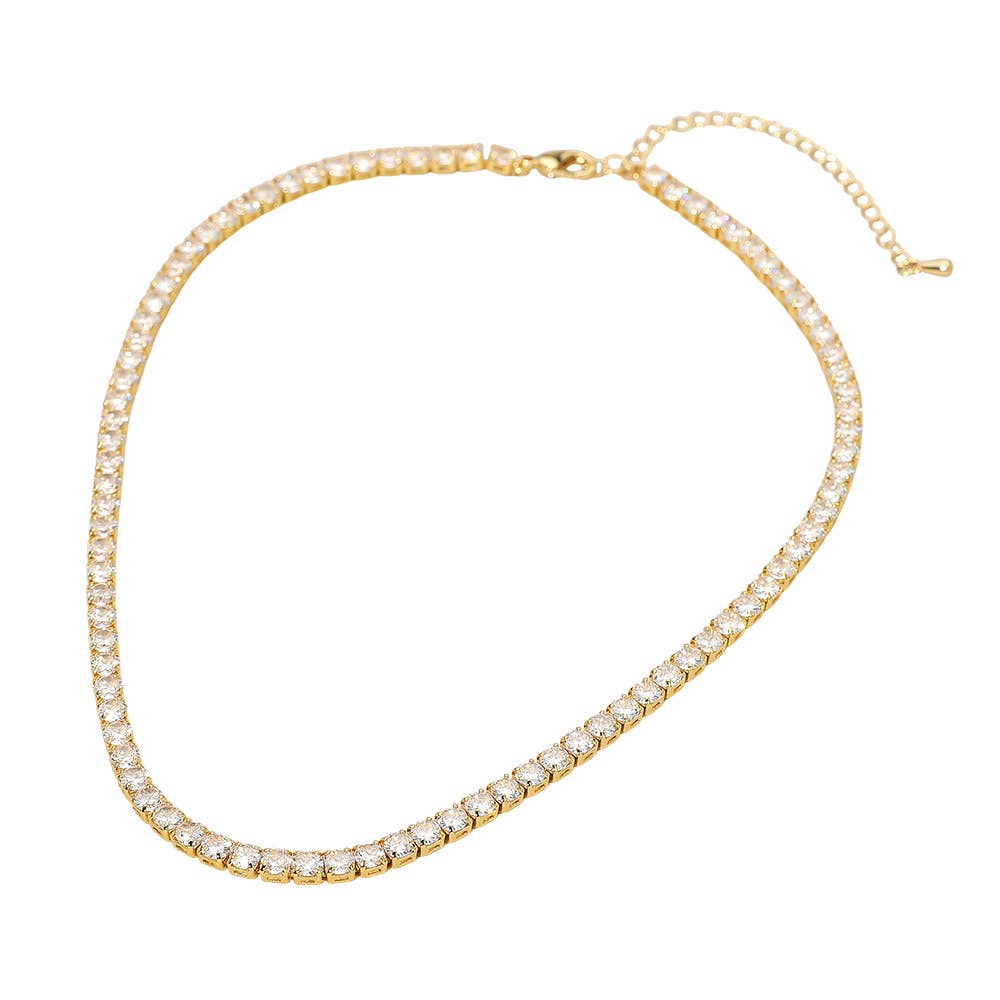 18K Gold Dipped Classic Tennis Chain Necklace: Clear,Gold