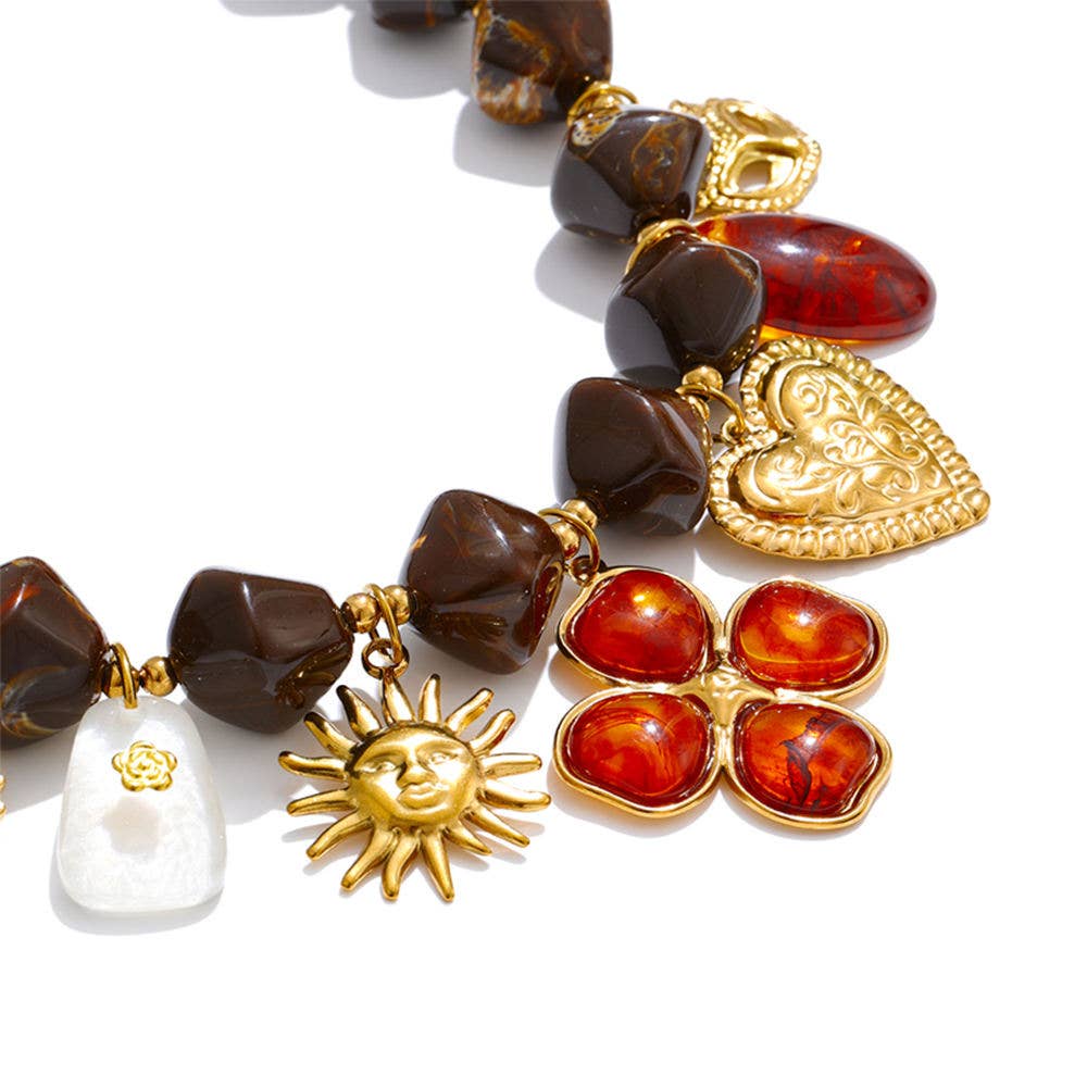 18k Stainless Steel Boho Vintage Chunky Beaded Necklace (LSSG-NR1)
