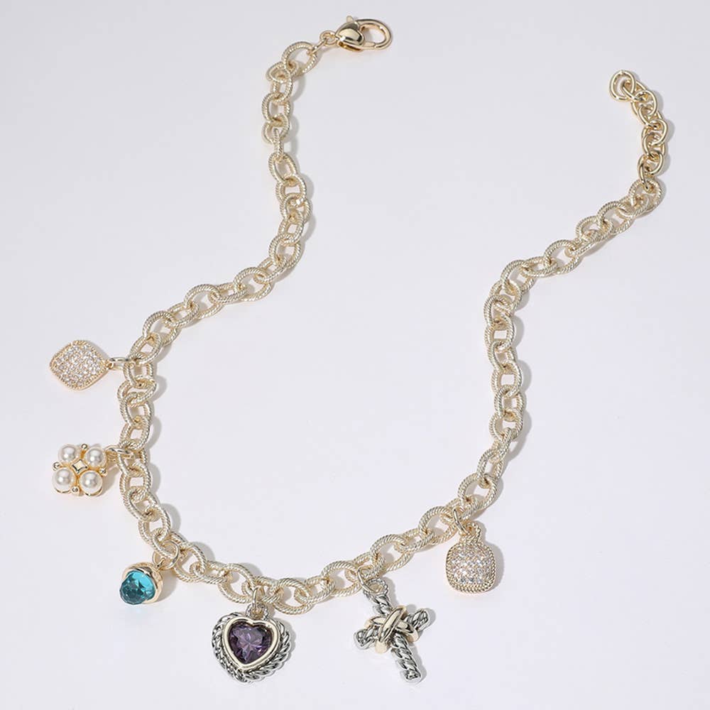 14K Gold Plated CZ Heart Pearl Cluster Metal Cross Necklace: Gold