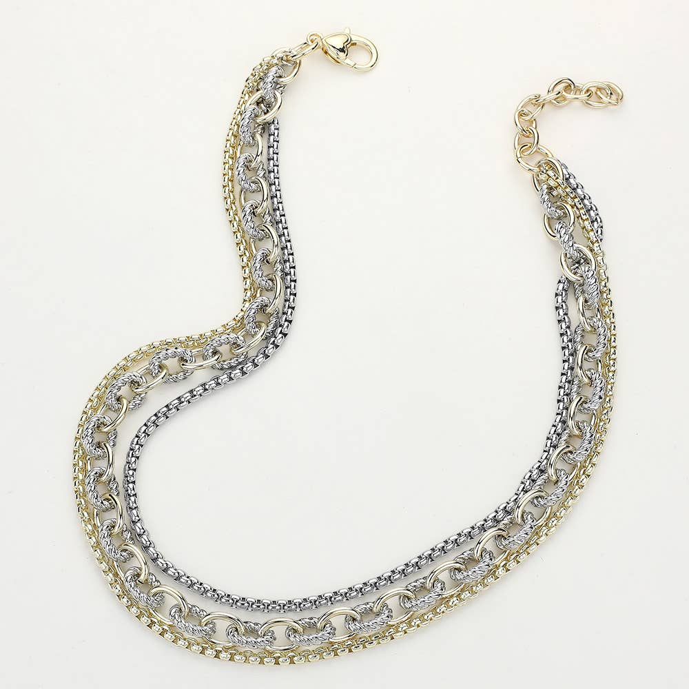 14K Gold Plated Two Tone Multi Layered Chunky Chain Necklace