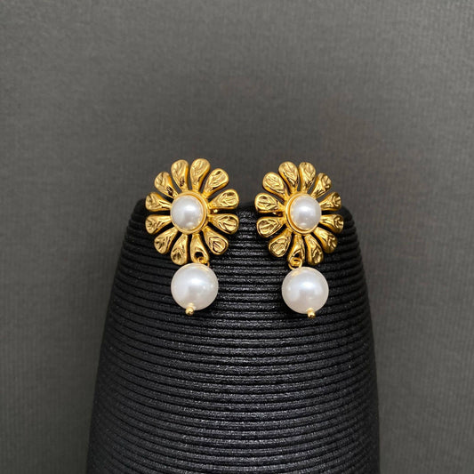 Pearl Inlaid Flower 18K Gold Plated S.Steel Earrings - FGS