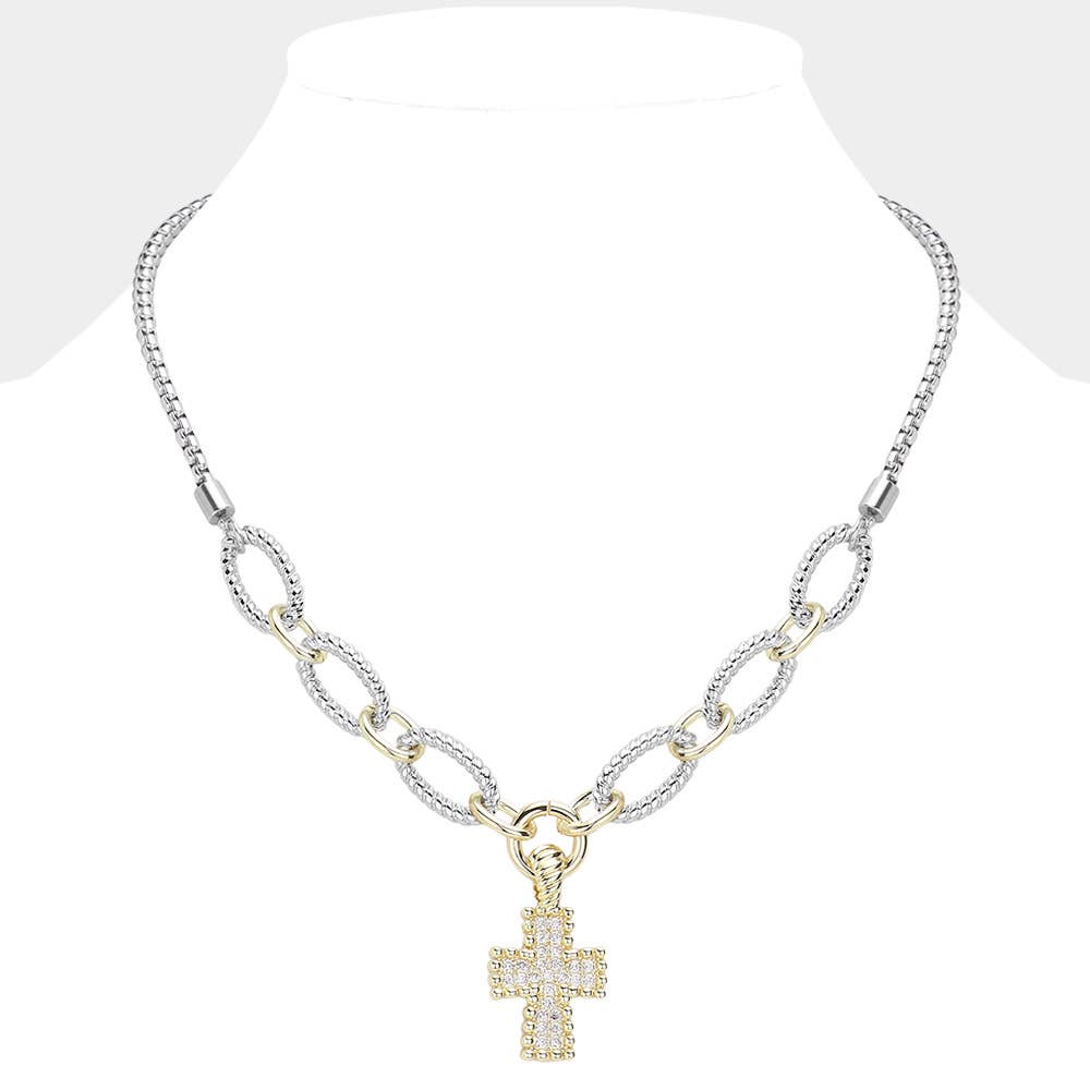14K Gold Plated Two Tone CZ Stone Paved Cross Pendant Necklace