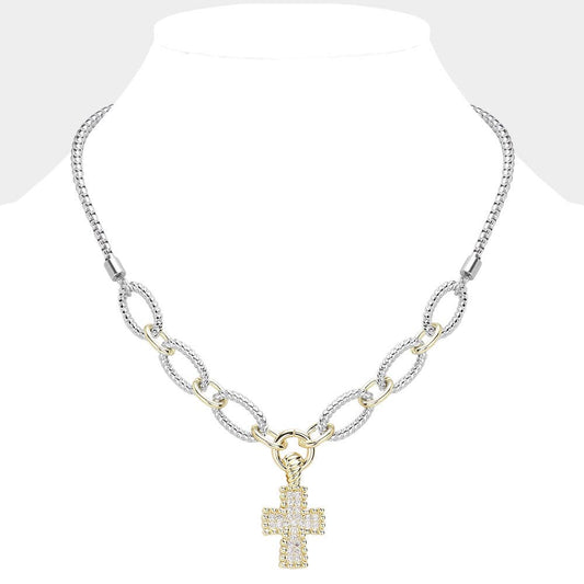 14K Gold Plated Two Tone CZ Stone Paved Cross Pendant Necklace