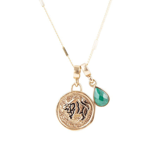 Taurus - Zodiac Green Malachite Golden Charm Necklace